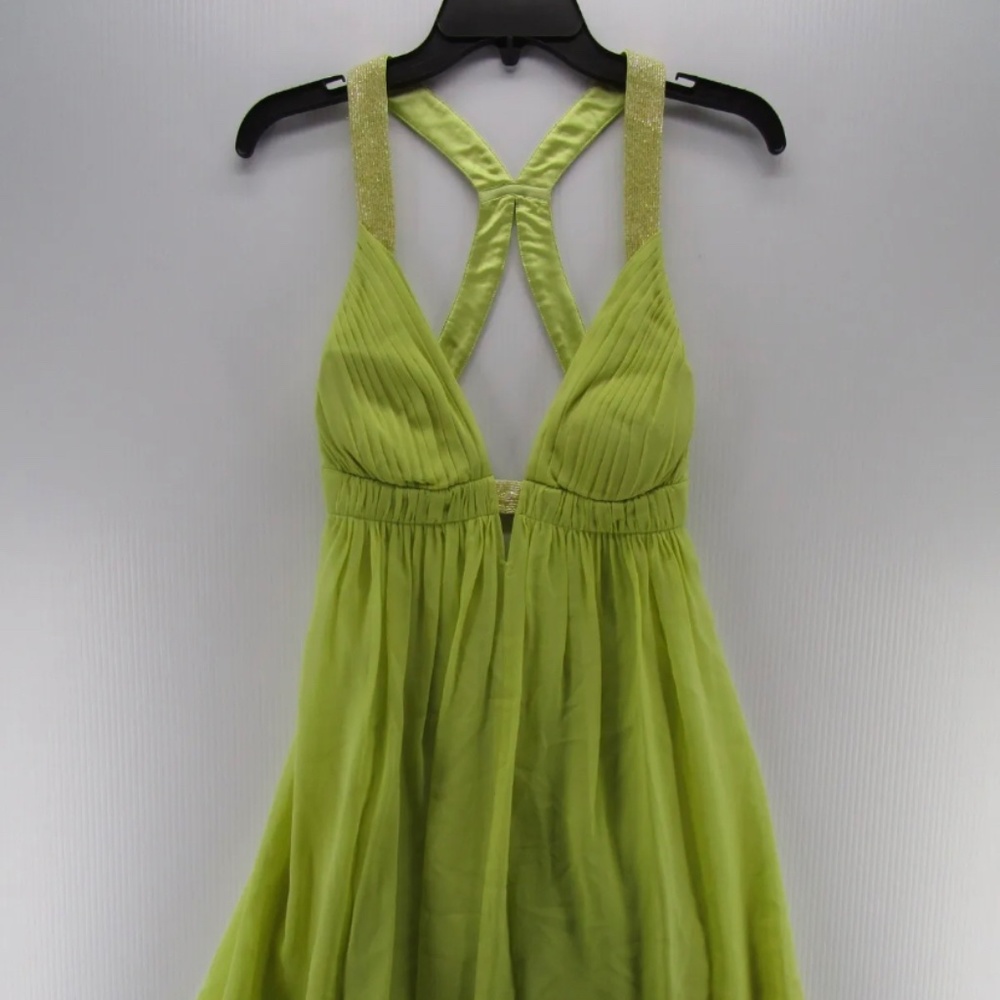Cache Dress Women 8 Green Fit Flare Neon Silk Beaded Padded Backless Formal
